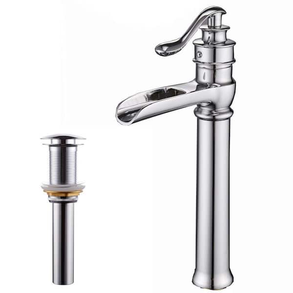 Unbranded Waterfall Single Hole Single-Handle Vessel Bathroom Faucet with Pop-up Drain Assembly in Polished Chrome