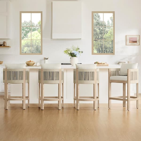Mavis 38.6 in. Cream/Gray Handwoven Rope Low Back Acacia Wood Frame Armrest Bar Stool for Outdoor and Indoor Set of 4