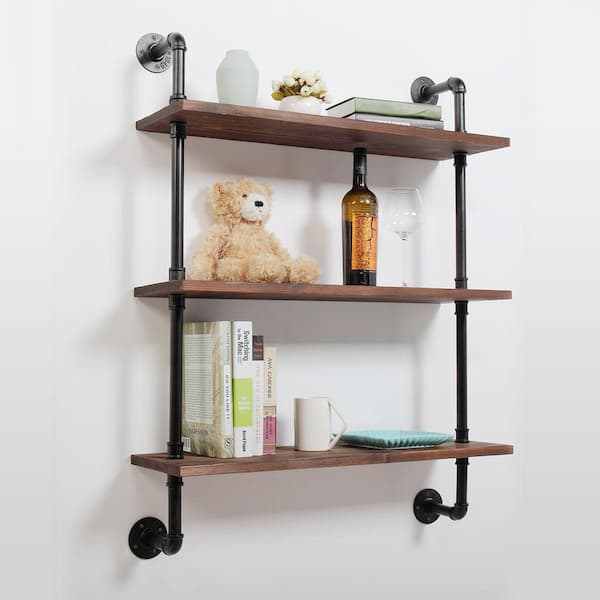 Aoibox 3-Tier Rustic Brown Industrial Wall-Mounted Pipe Shelf with Metal Frame Safe and Sturdy