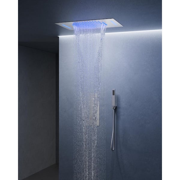 EVERSTEIN Full Spectrum LED 7-Spray Ceiling Mount 23 in. x 15 in. Dual Fixed & Handheld Shower Head w/ Waterfall in Brushed Nickel