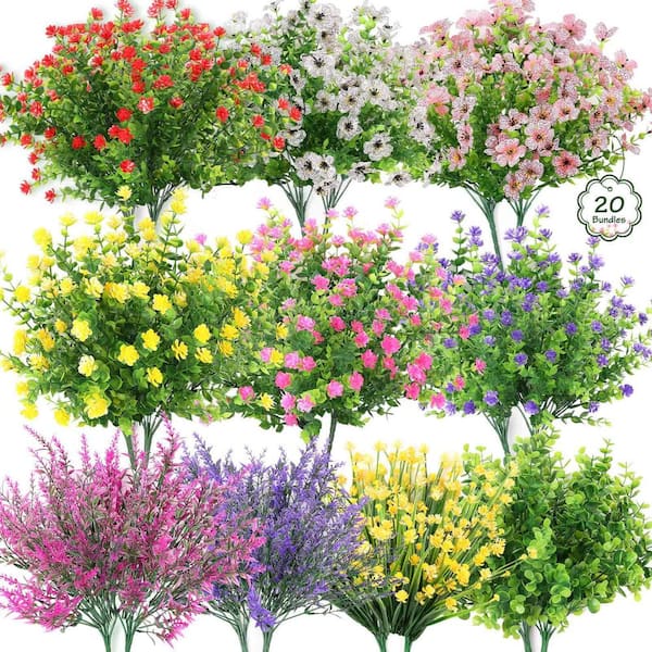 Artificial Flowers 16 in. Multicolor UV Resistant Outdoor Shrubs Faux Plants for Garden Patio Porch Decor 20 Bundles