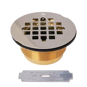 2 in. No-Caulk Brass Compression Shower Drain with 4-1/4 in. Round Grid Cover, Polished Nickel