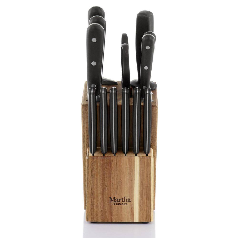 14-Piece Black Stainless Steel Cutlery Set with Acacia Wood Block