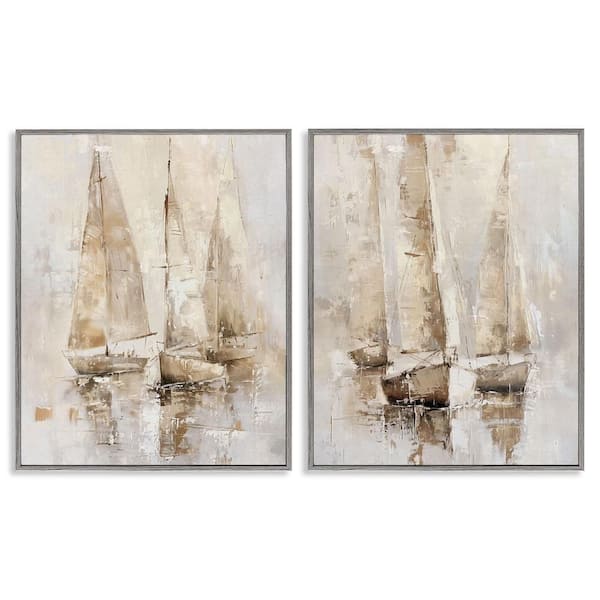 Neutral Toned Sailboats by Nina Blue 2 Pieces Gray Framed Coastal Giclee Art Print 20 in. x 16 in.
