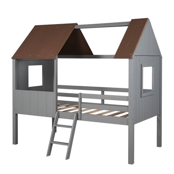 aisword Antique Gray Plus Normal Gray Twin Size Low Loft Wood House Bed with 2-Side Windows