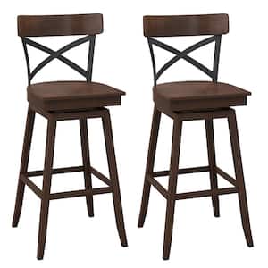 Set of 2 29 in. Brown Wooden Metal Swivel Bar Stools Bar Height Kitchen Chairs w/Back