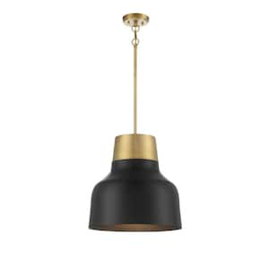 17 in. W x 18 in. H 1-Light Matte Black and Natural Brass Standard Pendant Light with Matte Black Metal Shade