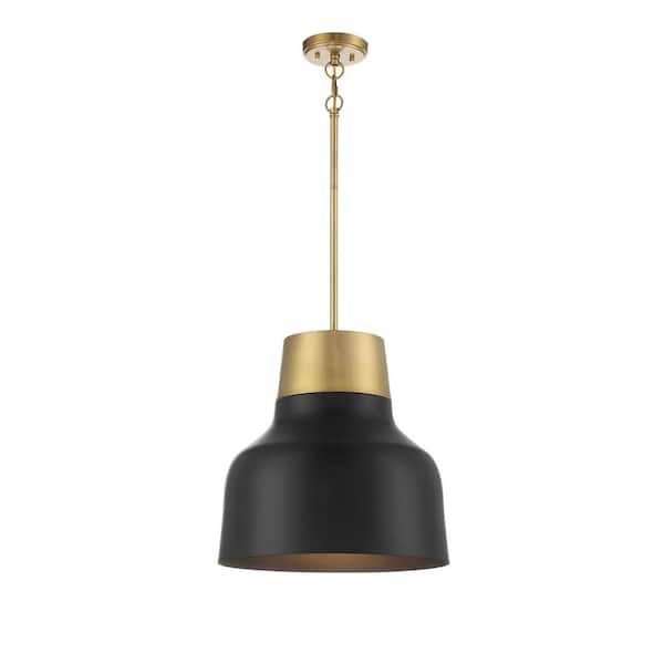 TUXEDO PARK LIGHTING 17 in. W x 18 in. H 1-Light Matte Black and Natural Brass Standard Pendant Light with Matte Black Metal Shade