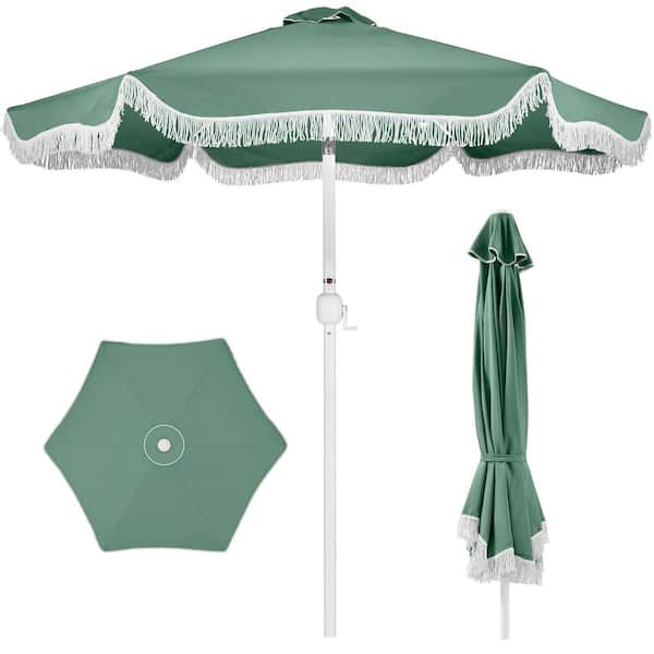 Seaglass Green 9 ft. Outdoor Market Patio Umbrella with Fringe, Crank, Tilt, and Push Button