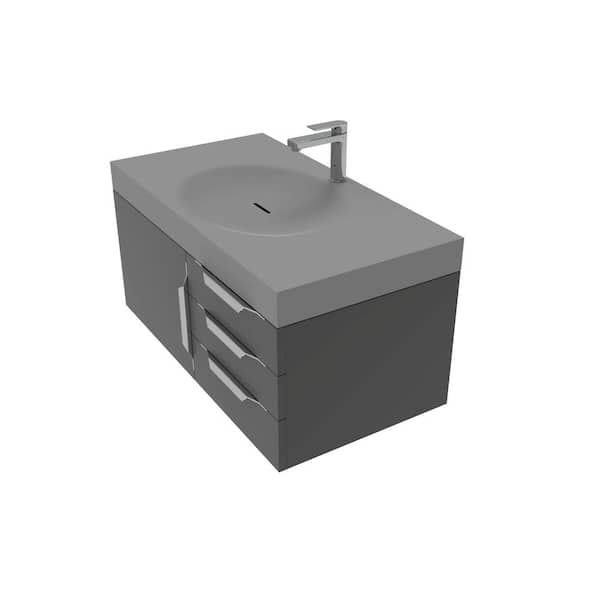 castellousa Thames 36 in. W x 19 in. D x 16.25 H Single Floating Bath Vanity in Matte Black in Chrome Trim w Solid Surface Gray Top