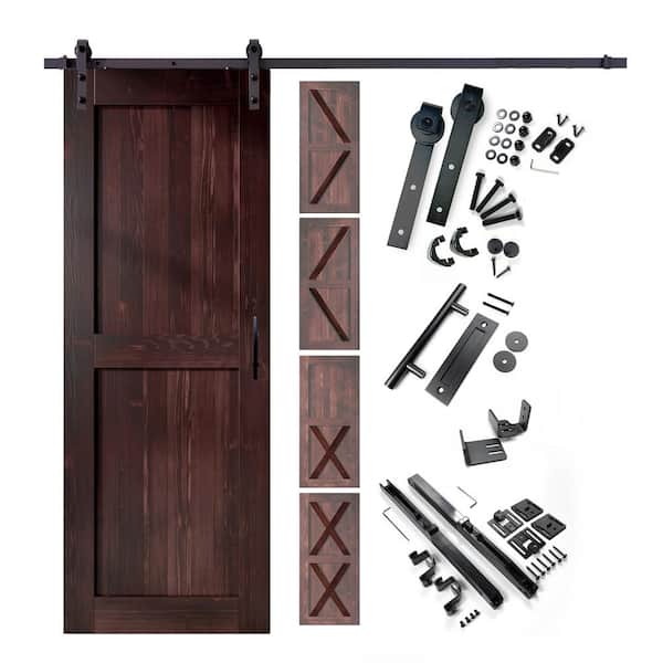 HOMACER 40 in. x 80 in. 5-in-1 Design Red Mahogany Solid Pine Wood Interior Sliding Barn Door with Hardware Kit, Non-Bypass