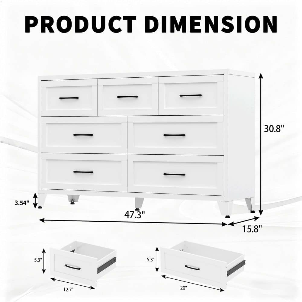 White Metal 7 drawer 52 in. Profile Chest of Drawers, Storage Cabinet for Bedroom, Living Room, Entryway as Media Stand