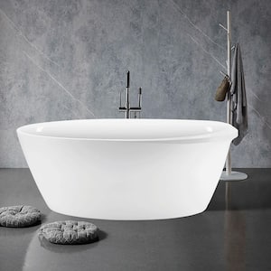 59 in. Modern Acrylic Flatbottom Freestanding Luxury Oval Tub Soaking Non-Whirlpool Bathtub in White