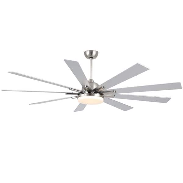 72 in. Indoor Integrated LED Brushed Nickel Smart Downrod Mount Ceiling Fan with Remote Control, 9-White Blades