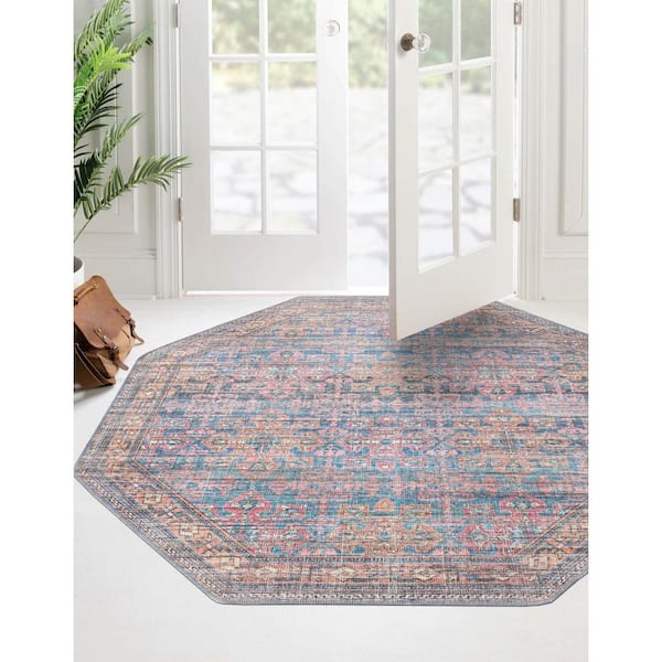 Nostalgia Bliss Antique Blue 8 ft. Octagon Machine Washable Area Rug