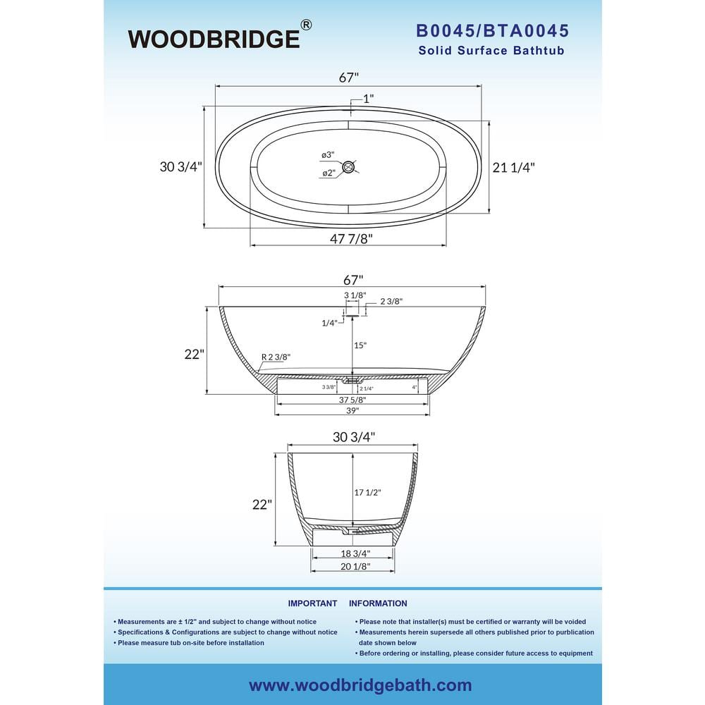 67" Matte White Acrylic Freestanding Oval Bathtub