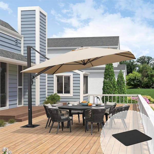 11 ft. Square Aluminum Large Outdoor Cantilever 360-DegreeRotation Patio Umbrella with Base Plate, Beige