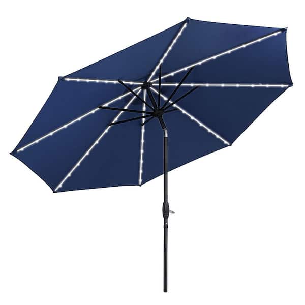 OVASTLKUY 10 ft. Solar Patio Umbrellas in Navy Blue with LED Lights for Market Outdoor Pool, Steel Tilt Crank
