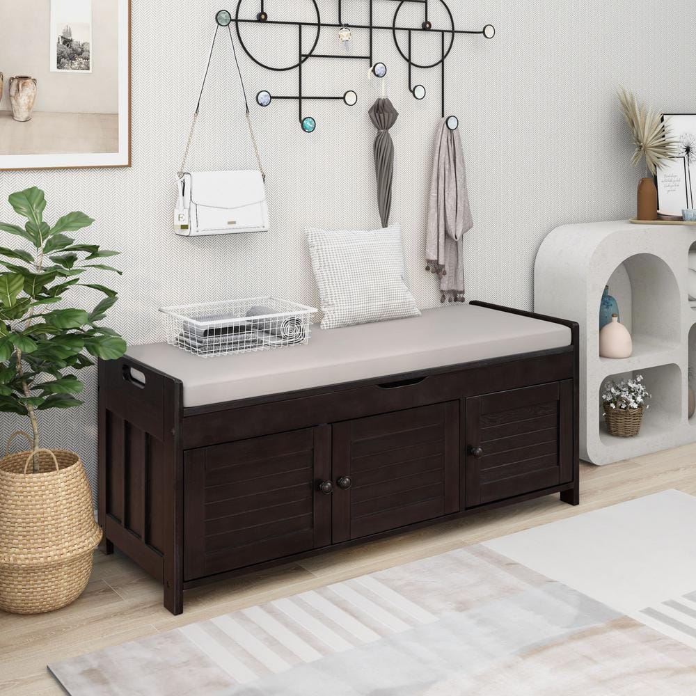 Espresso Upholstered Storage Bench with 3 Drop Down Doors for Entryway Hall