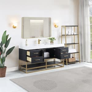 Bianco 60S in. W x 22 in. D x 34 in. H Single Sink Bath Vanity in Black Oak with White Composite Stone Top and Mirror