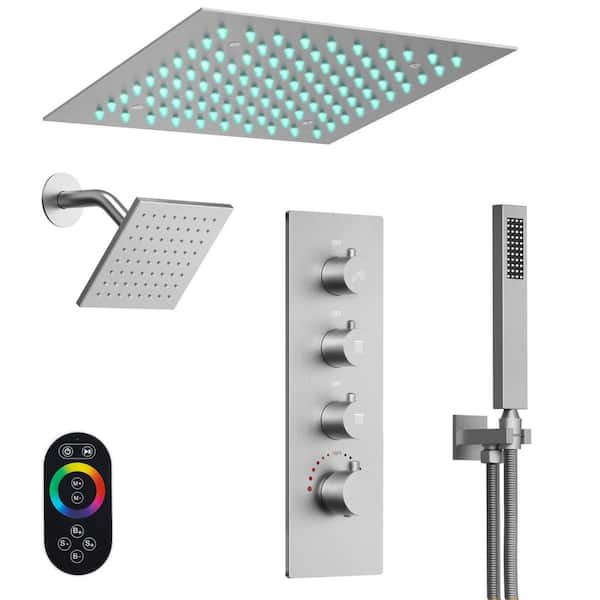 12 in. Mood Light 4-Handles 7-Spray Shower Faucet 2.5 GPM with LED, Anti Scald in Brushed Nickel