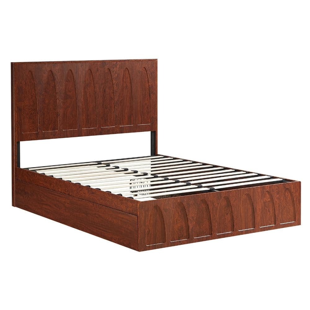 Natural Wood Iron Frame Queen Platform Bed with Side Storage Drawers and Curved Headboard durable construction