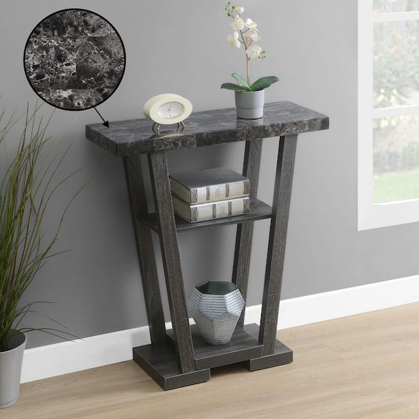 Newport 31.5 in. Weathered Gray/Black Faux Marble Rectangle V-Console Table with Shelves