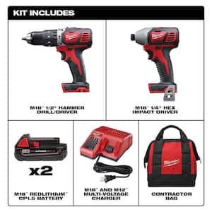 M18 18V Lithium-Ion Cordless Hammer Drill/Impact Driver Combo Kit (2-Tool) w/(2) 1.5Ah Batteries, Charger, Tool Bag