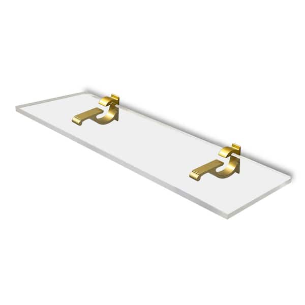 Fab Glass and Mirror 6 in. W. x 0.75 in. H x 30 in. D Floating Wall Mount Clear Acrylic Rectangular Shelf 3/4 in. Thick in Brass Brackets