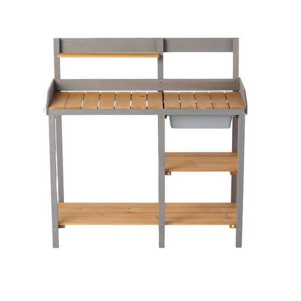 Siavonce Outdoor Potting Bench, Wooden Workstation Table with Cabinet for Backyard Garden Supplies