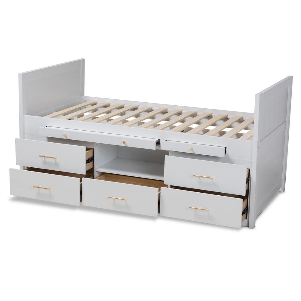 White Twin Wood Frame Storage Bed with Pull-Out Desk