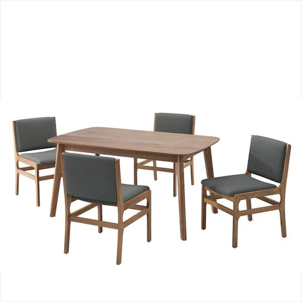 Faust 5-Piece Walnut and Dark Gray Dining Set with Cushioned Seats and Back, Solid Wood Frame