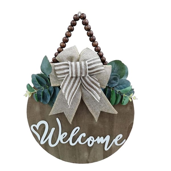 Unbranded 12 in. x 12 in. Brown Round Faux Leaves and Rustic Beads : Farmhouse Porch Decor by 3D Wooden Welcome Sign Wall Art