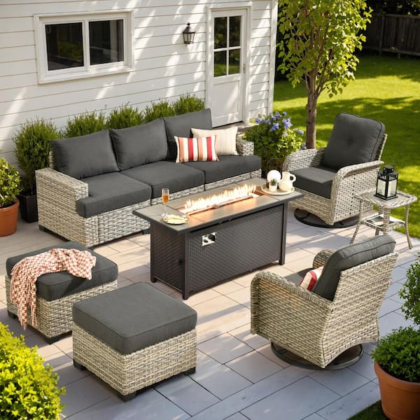 OVIOS Tiberte Gray 9-Piece Wicker Patio Rectangle Fire Pit Conversation Set with Black Cushions and Swivel Chairs
