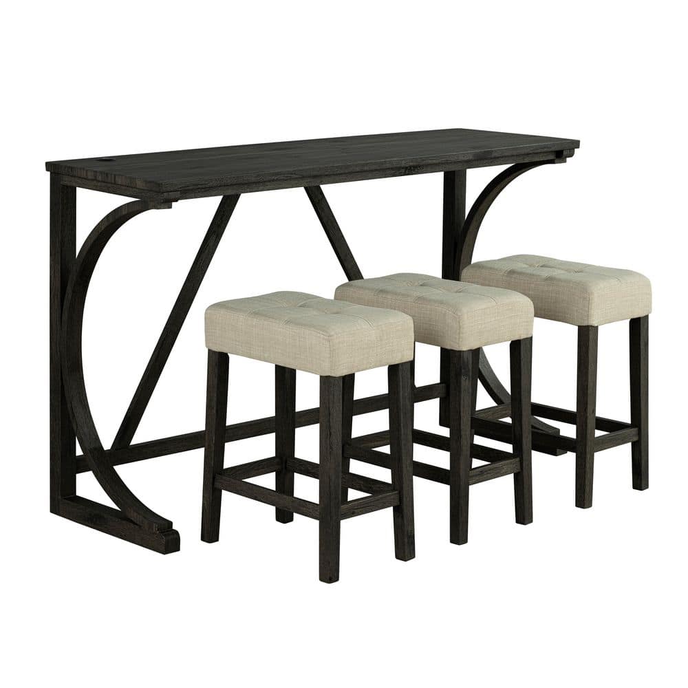 4-Piece Rectangle Brown Wood Top Bar Table Dining Set with USB Ports and Upholstered Stools for 3-Person