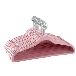 Velvet Slim Profile Heavy Duty Felt Hangers with Stainless Steel Swivel Hooks in Pink 30 Piece