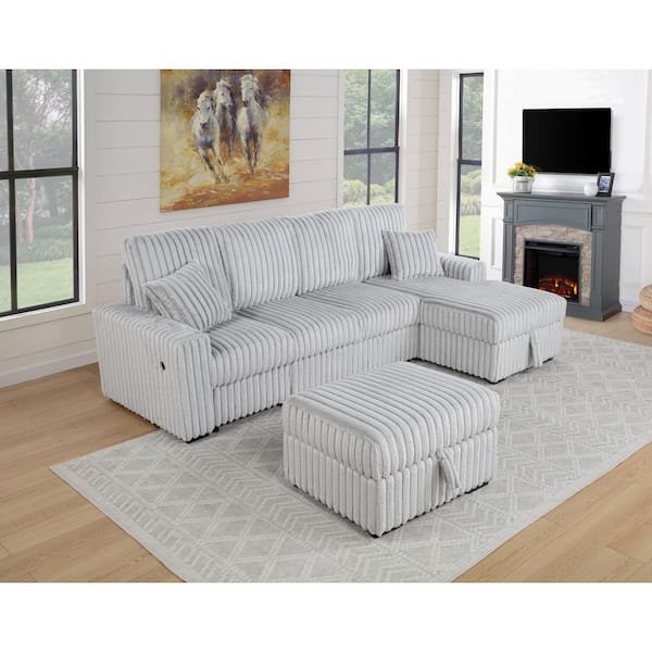 Alba 64.5 in. W. Straight Arm 4-Piece Corduroy Fabric L Shape Pull Out Loveseat Sectional Sofa in Light Grey Color
