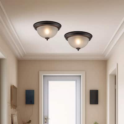 11.25 in. 1-Light Oil Rubbed Bronze Flush Mount Ceiling Light with Tea Stained Glass Shade (2-Pack)