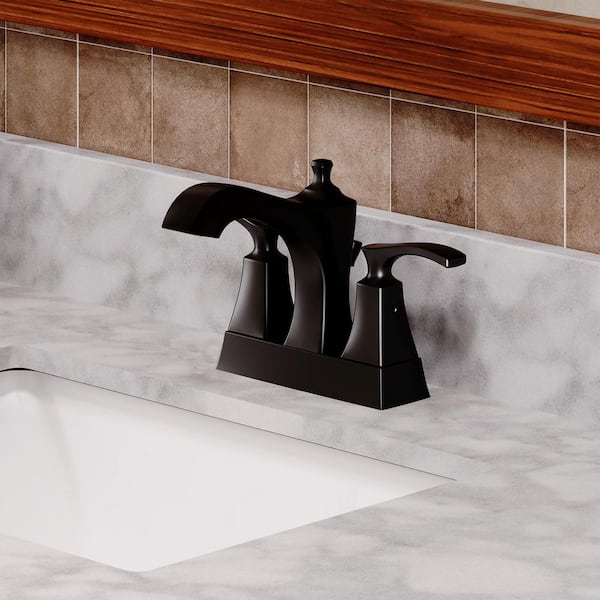 4 in. Center Set Double Handle Mid Arc Bathroom Faucet with Pop-up Drain in Matte Black