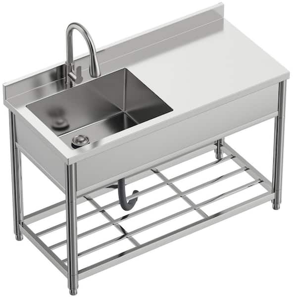 21.7 in. D x 47.2 in. W Freestanding Utility Sink in Silver with Pull-Out Faucet and Workbench for Indoor/Outdoor Use