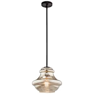Everly 10.25 in. 1-Light Olde Bronze Transitional Shaded Kitchen Pendant Hanging Light with Mercury Glass