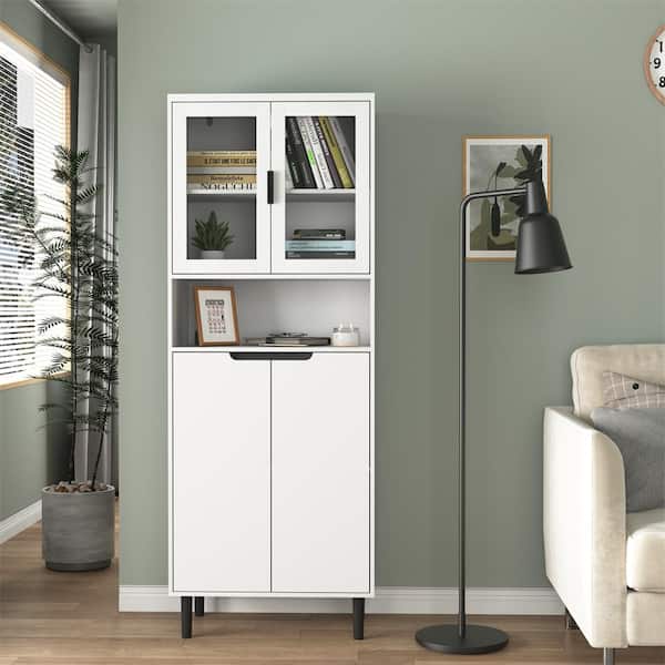 GQB Tall Storage Show Cabinet in White with 2 Glass Display Door, Kitchen Pantry Cabinet, 24 in. x 14 in. x 63 in.