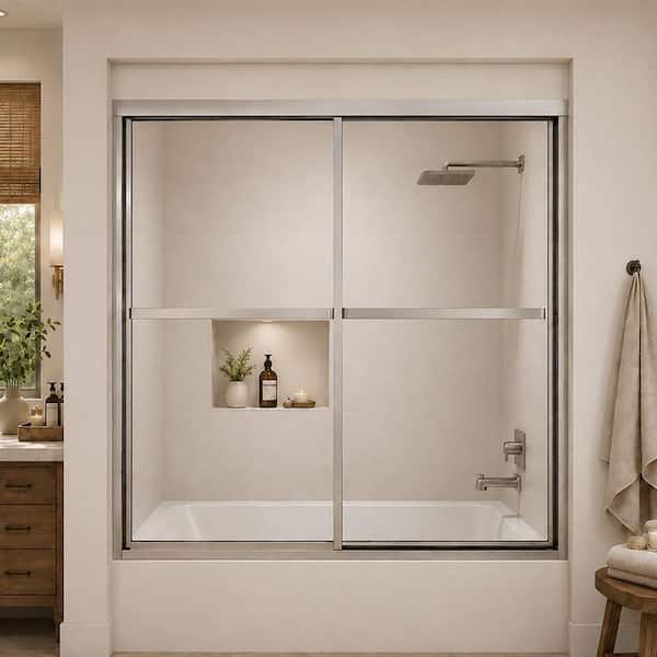 59 in. W x 56 in. H Sliding Tub Door in Brushed Nickel with Clear Glass Elunir Framed Finish