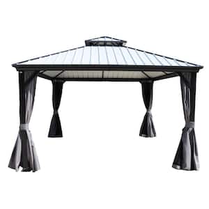Caesar 12 ft. x 12 ft. Dark Gray Double Roof Permanent Hardtop Aluminum Gazebo with Netting and Sidewalls