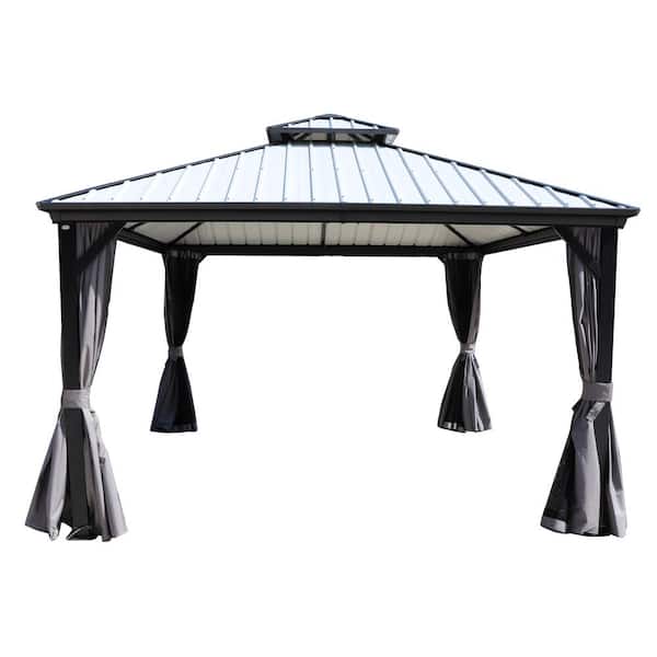 KOZYARD Caesar 12 ft. x 12 ft. Dark Gray Double Roof Permanent Hardtop Aluminum Gazebo with Netting and Sidewalls