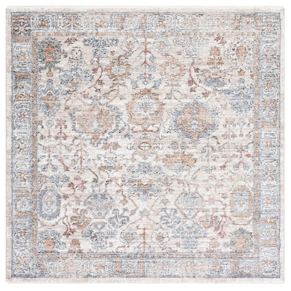 Jasmine 5 ft. x 5 ft. Ivory/Blue Distressed Ornate Square Area Rug