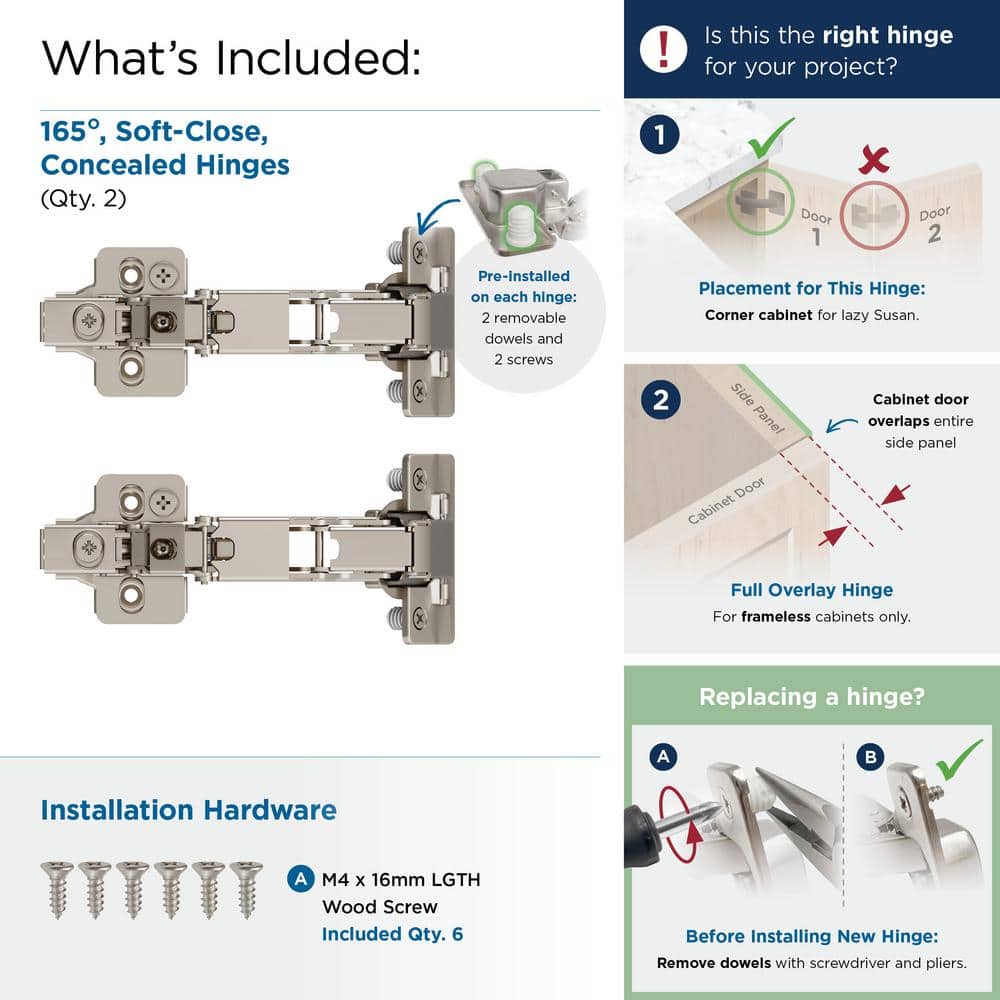 Nickel Soft Close 165 Degree Frameless Cabinet Hinge Pair