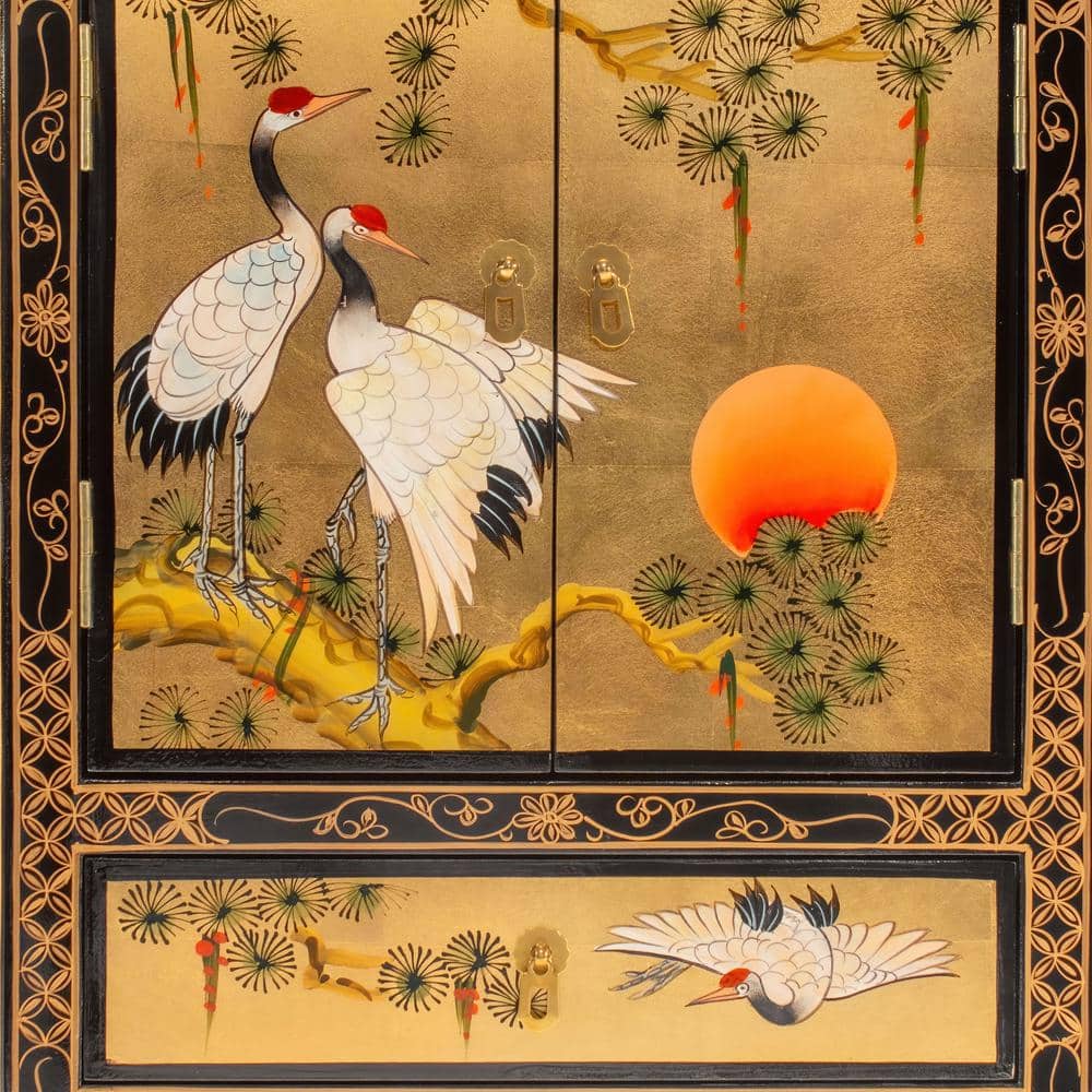 Gold Lacquer Hand-Painted Cranes Corner Cabinet