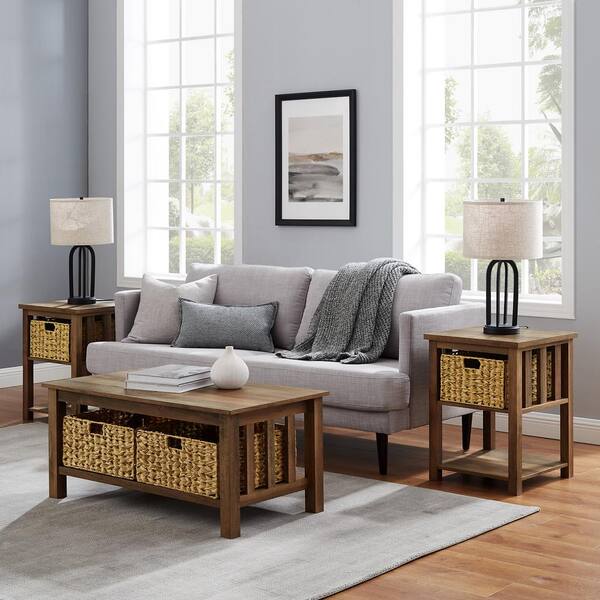 Welwick Designs 3-Piece Reclaimed Barnwood Mission Storage Coffee and Side Table Set with Baskets