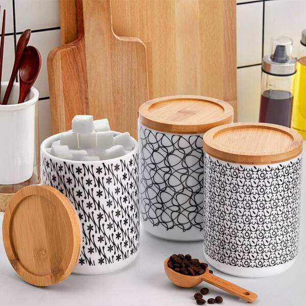 3-Piece 24 oz. Ceramic Food Storage Canister Set with Airtight Bamboo Lids, Black Floral Pattern